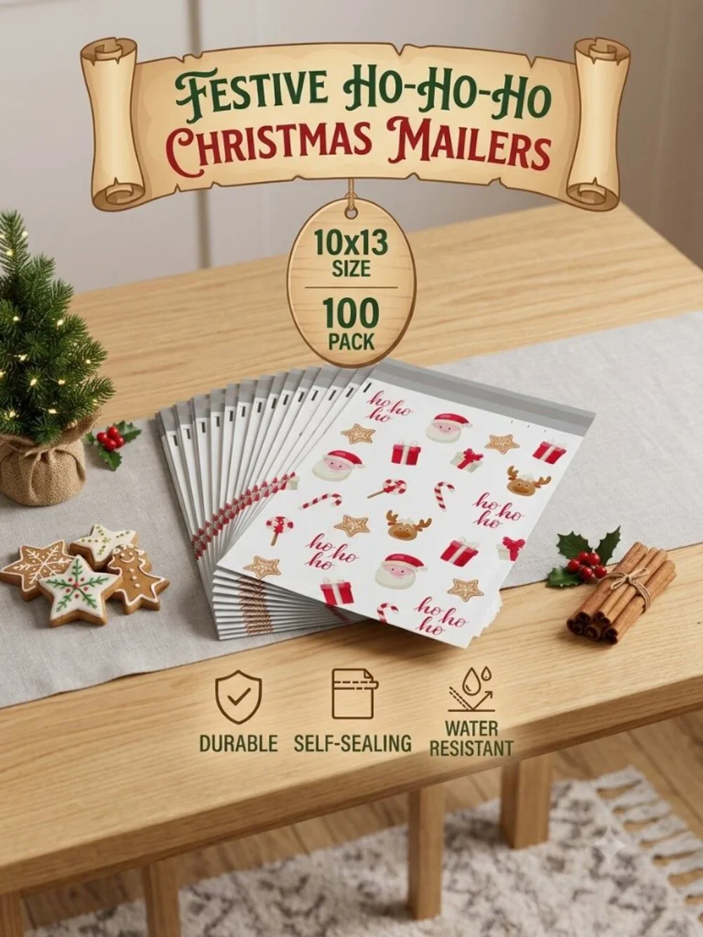 Santa Ho Ho Ho Holiday Poly Mailers 10x13 Christmas Shipping Envelopes 25 Count